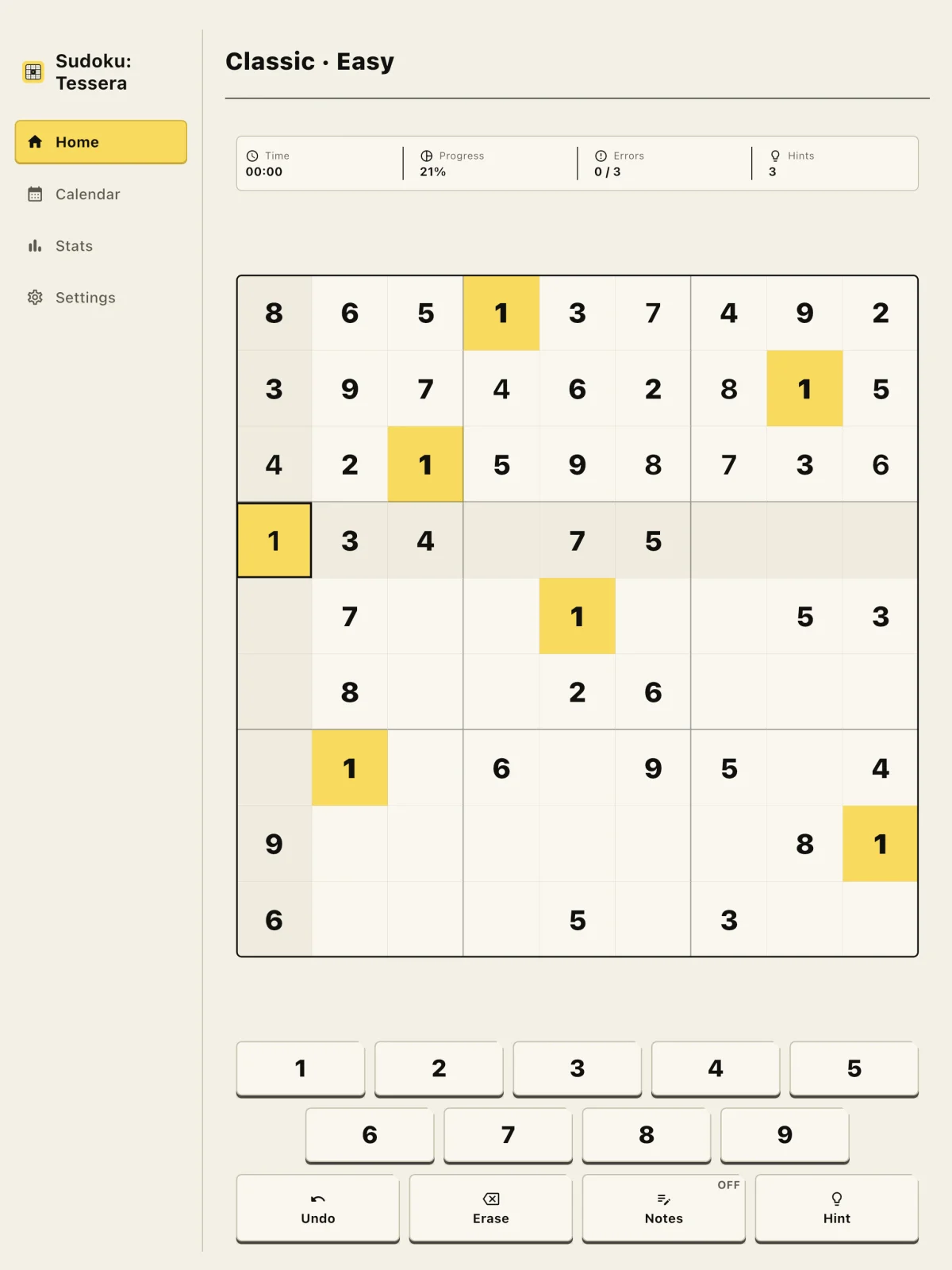 Sudoku: Tessera met een actieve Classic-puzzel en cijferknoppen